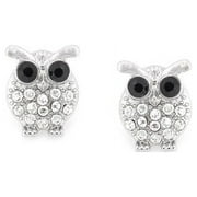 Rhodium-Plated Pave Crystal Owl Button Earrings