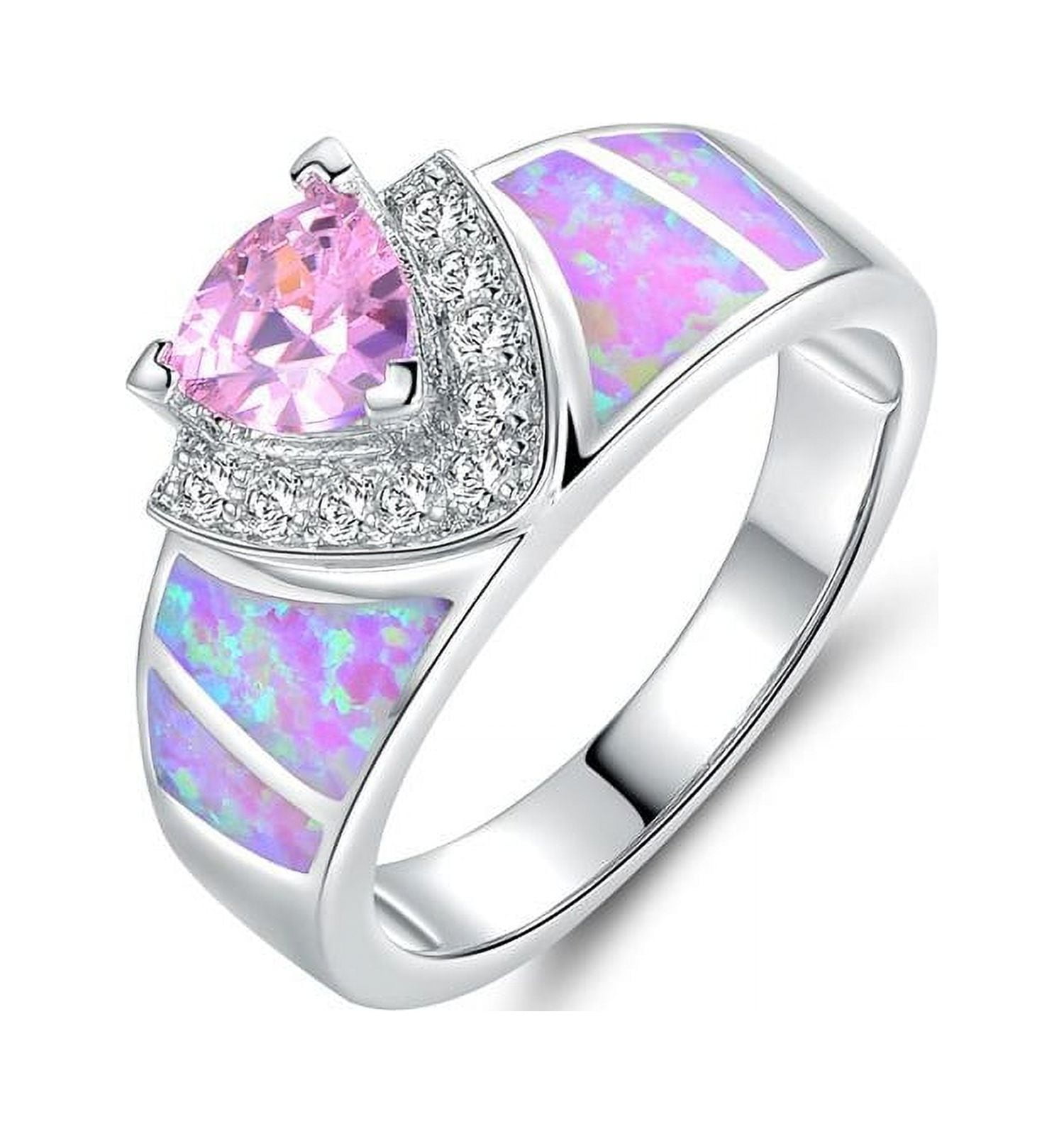 CiNily Opal Ring-14k Rose Gold Plated Pink Opal Cubic Zirconia CZ Ring Gemstone Ring for Women Size 5-12