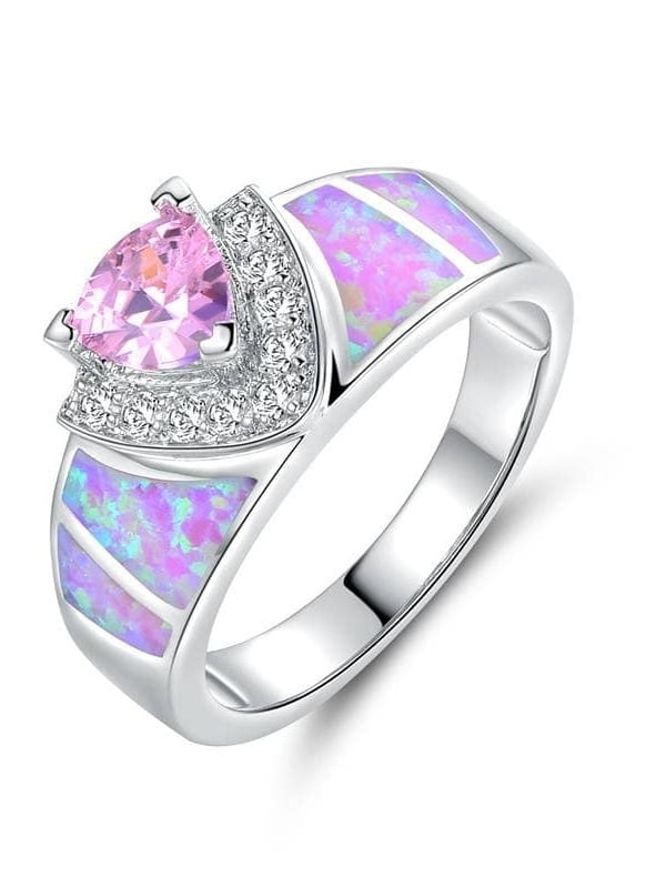 Rhodium Plated Pink Fire Opal & Pink CZ Trillion-Cut Ring - Walmart.com