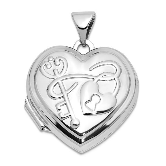 Rhodium Plated Polished 18mm Key To My Love Heart Reversible Heart Locket Locket Necklace for Women