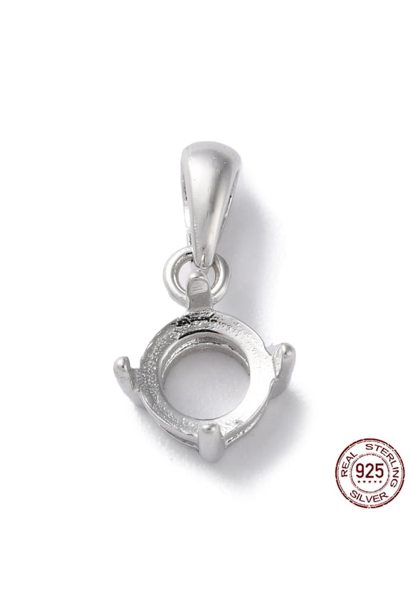 Rhodium Plated Rack Plating 925 Sterling Silver Pendants Cabochon Settings 4-Prong Bezel Setting Flat Round with 925 Stamp Real Platinum Plated Tray: 5.5mm 14x8x5mm Hole: 2.5mm