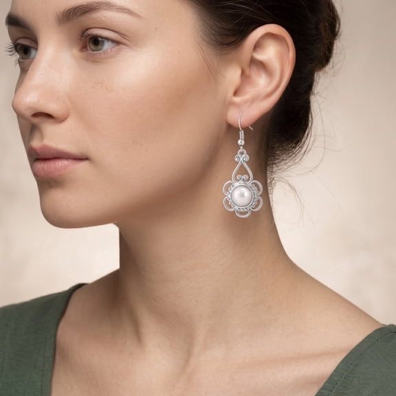 TAZZAWomen's Silver-Tone Vintage Filigree Faux Pearl Drop Earrings | Ornate Scalloped Chandelier Dangle Earrings | Fashion Costume Jewelry