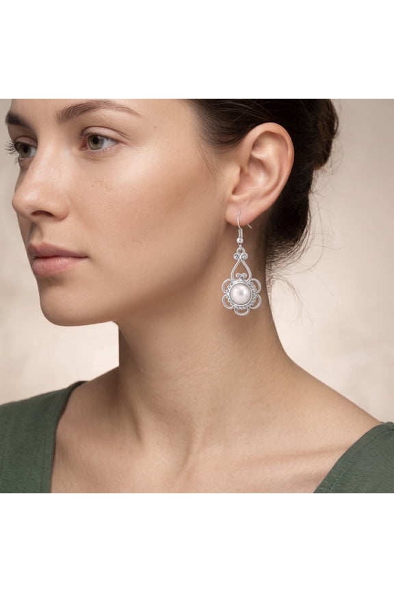 Women's Silver-Tone Vintage Filigree Faux Pearl Drop Earrings | Ornate Scalloped Chandelier Dangle Earrings | Fashion Costume Jewelry