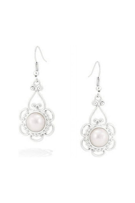 Rhodium-Plated Scroll with Pearl Drop Earrings