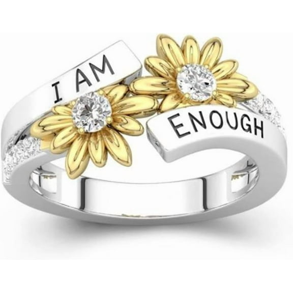 Rhodium Plated Silver Gold Two Tone Sun Flower I am Enough Mantra Inspirational Ring
