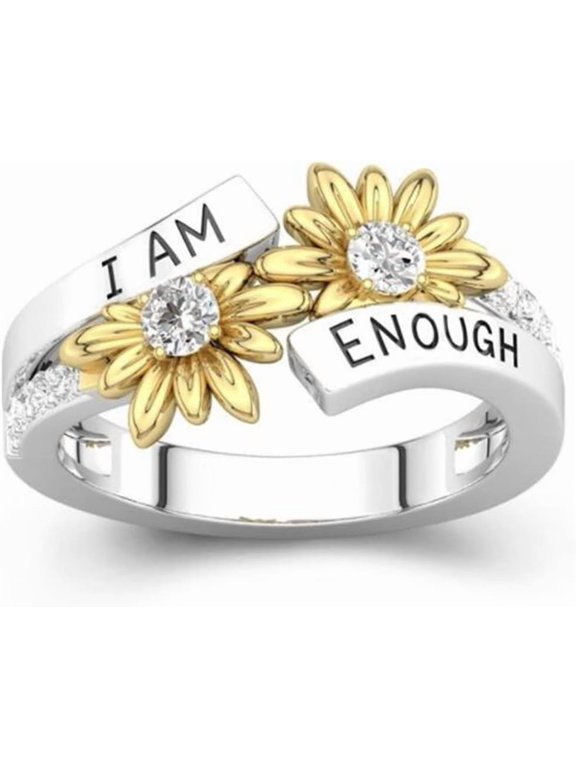 Rhodium Plated Silver Gold Two Tone Sun Flower I am Enough Mantra Inspirational Ring
