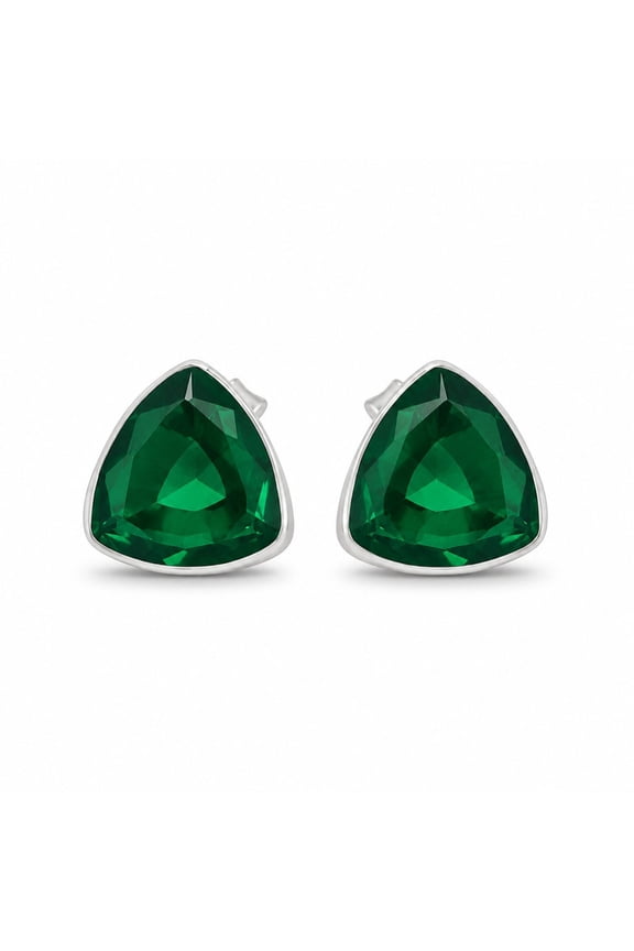 Rhodium Plated Small Hydro Emerald Stones Triangle Shape