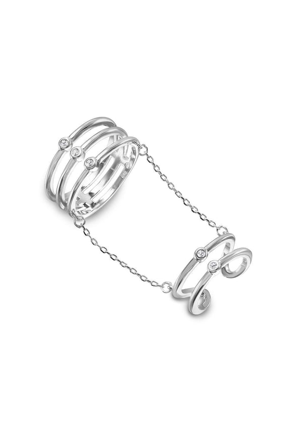 Rhodium Plated Sterling Silver 925 2 Rings in 1 Attached on a Chain White CZ Female Size 8