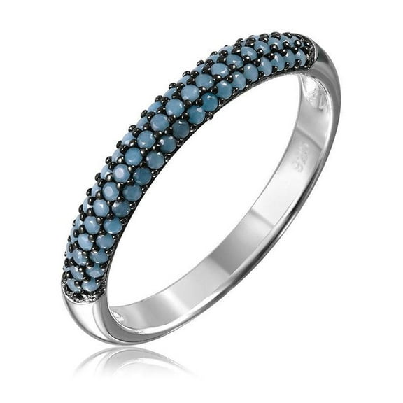 Rhodium Plated Sterling Silver 925 Band Simulated Turquoise Band Blue CZ Jewelry Female Size 7