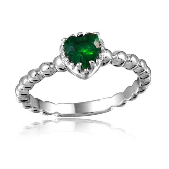 Rhodium Plated Sterling Silver 925 Beaded Band Green Heart Ring Cubic Zirconia Jewelry Female Size 5