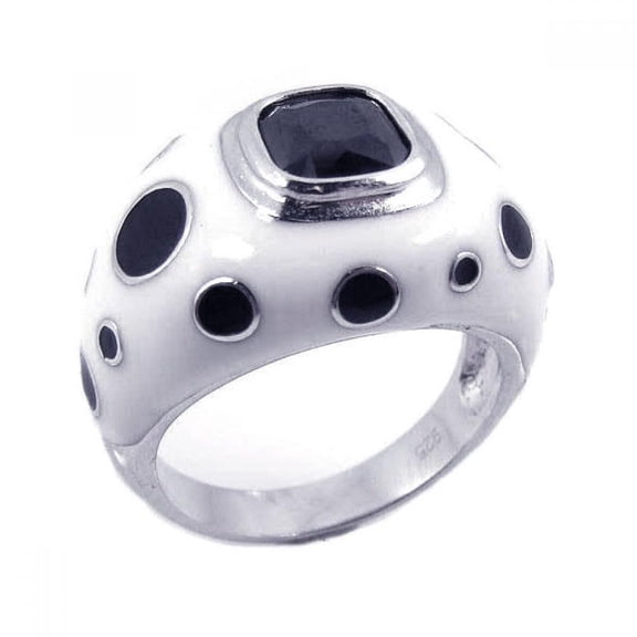 Rhodium Plated Sterling Silver 925 Black & White Enamel Black CZ Ring Jewelry Female Size 8