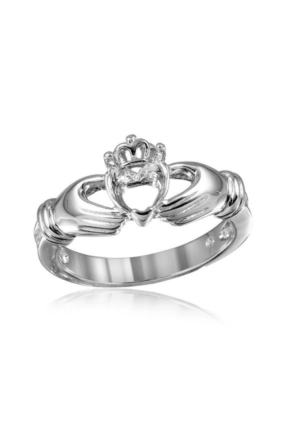 Rhodium Plated Sterling Silver 925 Claddagh Heart Mounting Ring Jewelry Female Male Unisex Size 5