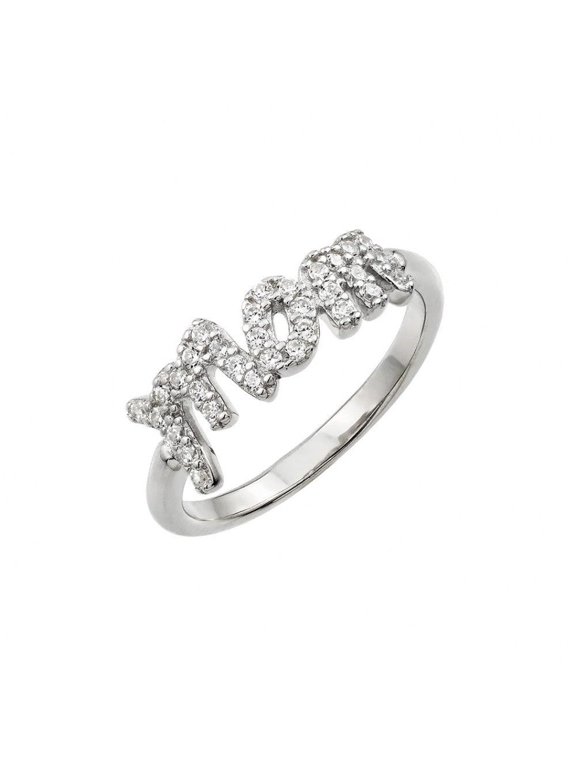 Rhodium Plated Sterling Silver 925 Clear CZ Mom Ring Word Band White Jewelry Female Size 6