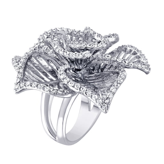 Rhodium Plated Sterling Silver 925 Clear CZ Open Flower Cocktail Ring White Female Size 5