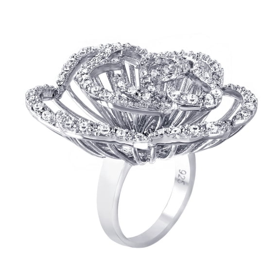 Rhodium Plated Sterling Silver 925 Clear CZ Rose Flower Cocktail Ring White Female Size 6