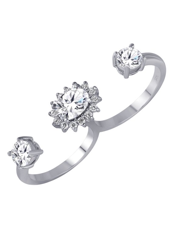 Rhodium Plated Sterling Silver 925 Clear CZ Two Finger Cuff Ring Band White Female Size 5