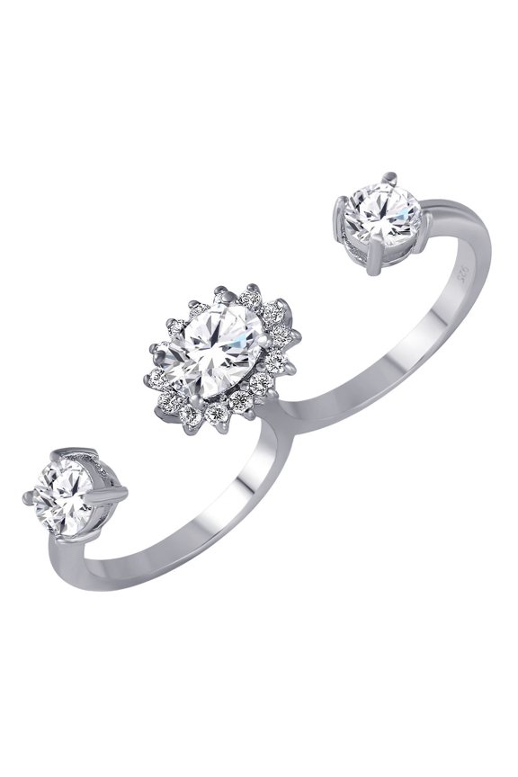 Rhodium Plated Sterling Silver 925 Clear CZ Two Finger Cuff Ring Band White Female Size 7