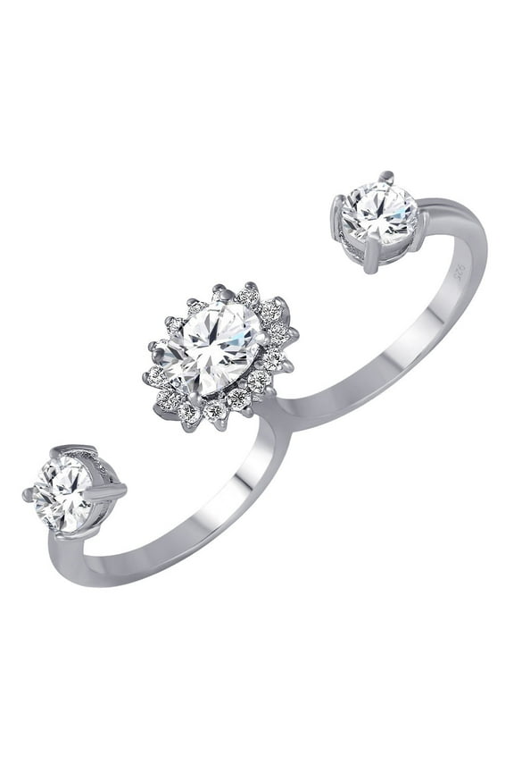 Rhodium Plated Sterling Silver 925 Clear CZ Two Finger Cuff Ring Band White Female Size 9