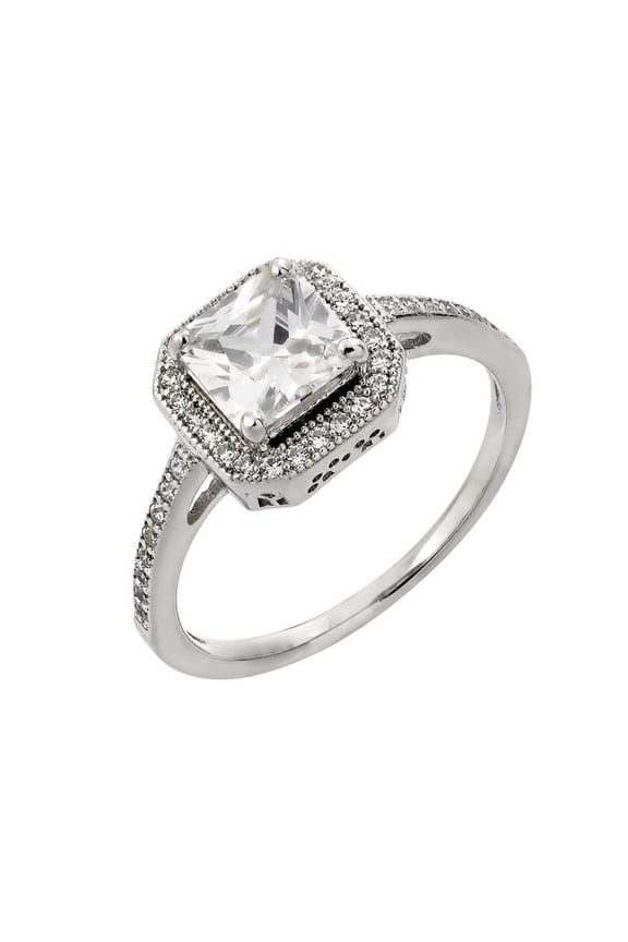 Rhodium Plated Sterling Silver 925 Clear Cluster Square Bridal Ring White CZ Female Size 9
