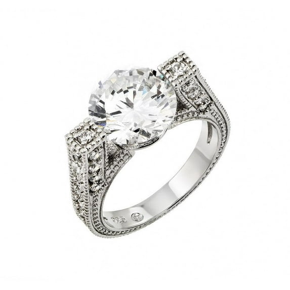 Rhodium Plated Sterling Silver 925 Clear Round Center Pave Set Ring White CZ Female Size 9