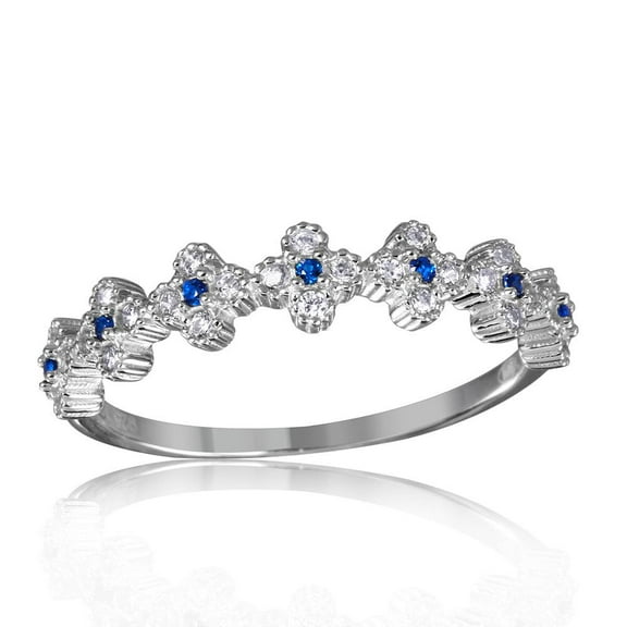 Rhodium Plated Sterling Silver 925 Clover Band Blue Ring Band Cubic Zirconia Jewelry Female Size 5