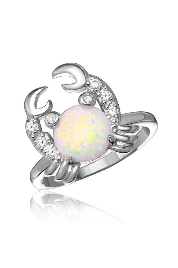 Rhodium Plated Sterling Silver 925 Crab Ring Simulated Opal Band White CZ Jewelry Female Size 6
