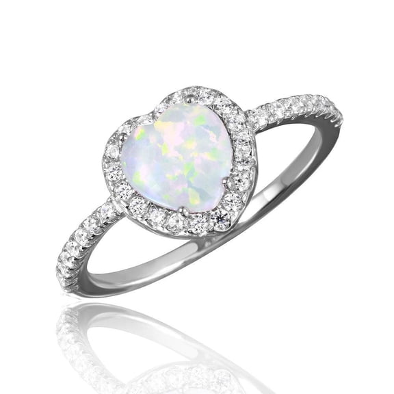 Rhodium Plated Sterling Silver 925 Halo Heart Ring Simulated Opal White Cubic Zirconia Female Size 9
