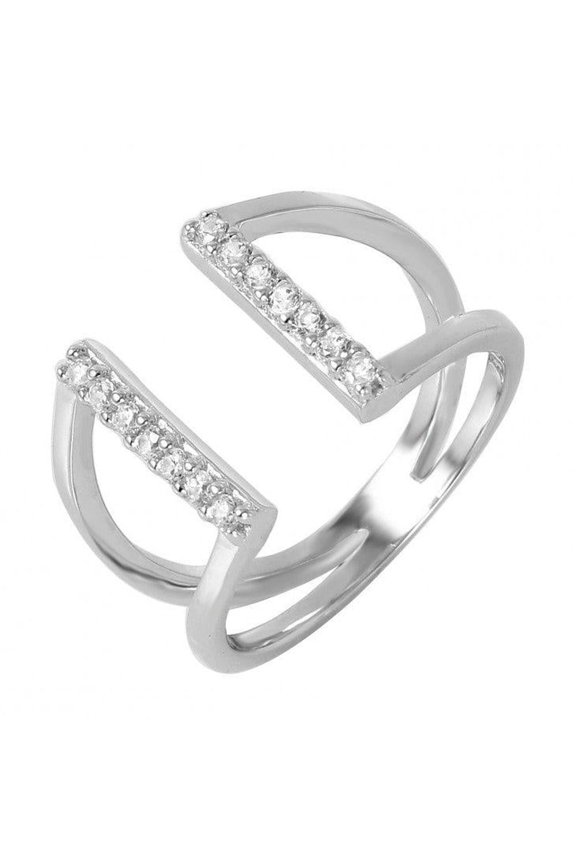 Rhodium Plated Sterling Silver 925 Huggie Cuffed V-Shaped Ring Band White CZ Female Size 7
