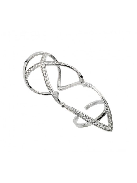 Rhodium Plated Sterling Silver 925 Knuckle Extension X V Ring Band White CZ Female Size 7