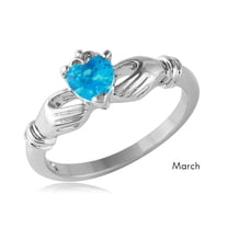 Rhodium Plated Sterling Silver 925 March Simulated Claddagh Ring Blue CZ Jewelry Female Size 7