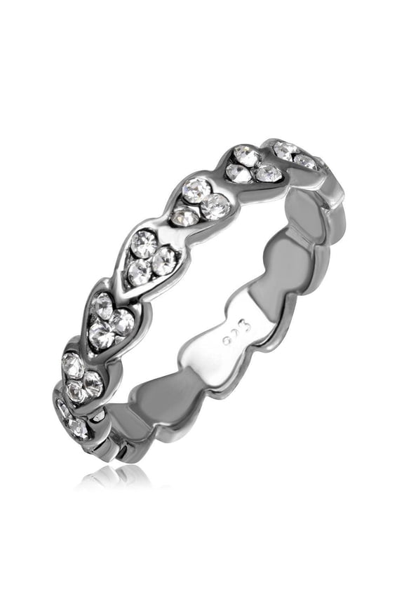 Rhodium Plated Sterling Silver 925 Mini Heart Shaped Eternity Ring White CZ Female Size 9