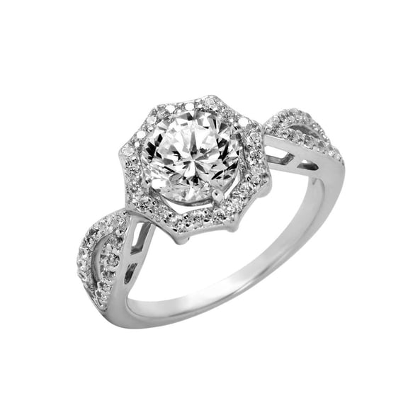 Rhodium Plated Sterling Silver 925 Octagon Shaped Ring Accents Caps White CZ Female Size 6