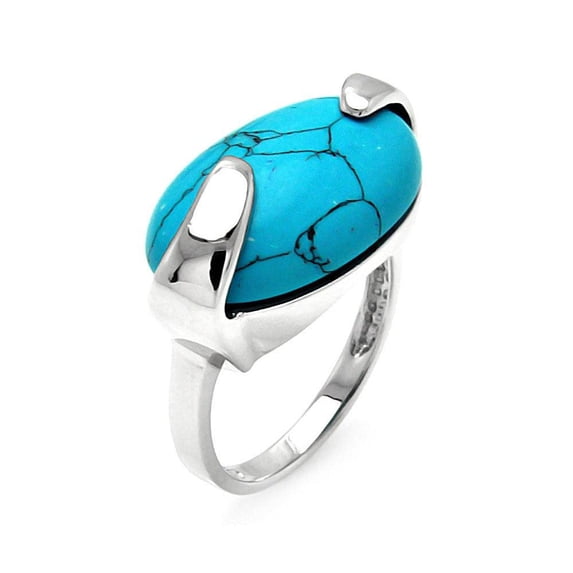Rhodium Plated Sterling Silver 925 Oval Simulated Turquoise Ring Band Blue CZ Female Size 6