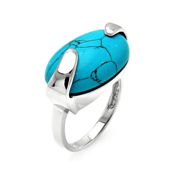 Rhodium Plated Sterling Silver 925 Oval Simulated Turquoise Ring Band Blue CZ Female Size 7