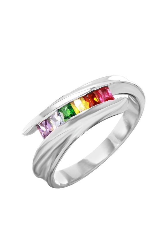 Rhodium Plated Sterling Silver 925 Overlapping Ring Multi-Color Multi-color CZ Female Size 6