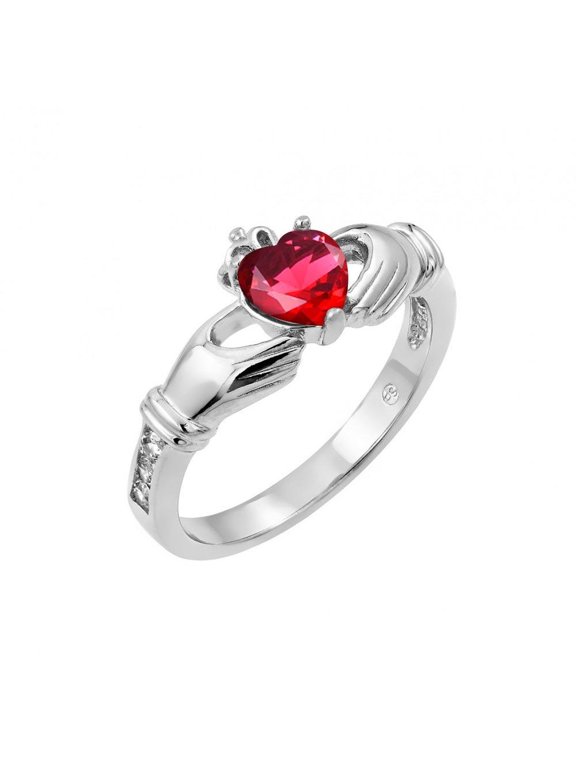 Rhodium Plated Sterling Silver 925 Red Heart Claddagh Celtic Ring CZ Jewelry Female Size 6