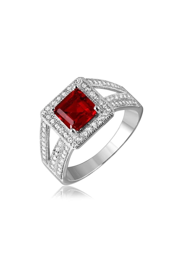 Rhodium Plated Sterling Silver 925 Red Square Halo Micro Pave Ring CZ Jewelry Female Size 8