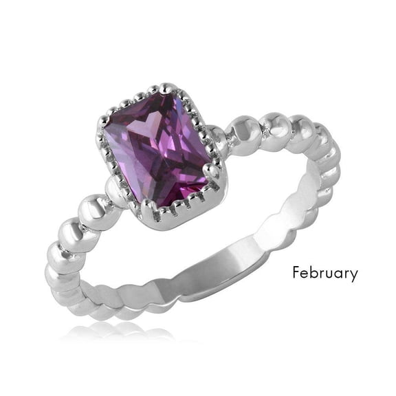 Rhodium Plated Sterling Silver 925 Simulated February Ring Band Purple CZ Jewelry Female Size 6