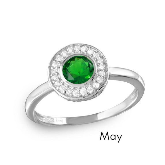 Rhodium Plated Sterling Silver 925 Simulated May Halo Ring Band Green CZ Jewelry Female Size 9