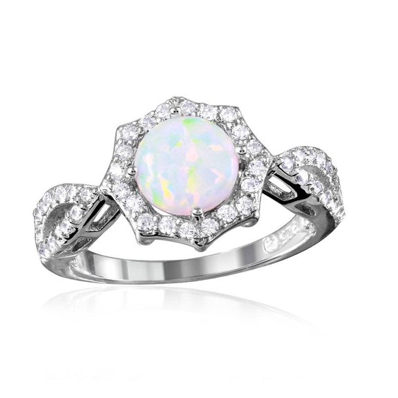 Rhodium Plated Sterling Silver 925 Simulated Opal Halo Clear Cubic Zirconia Ring White Female Size 9