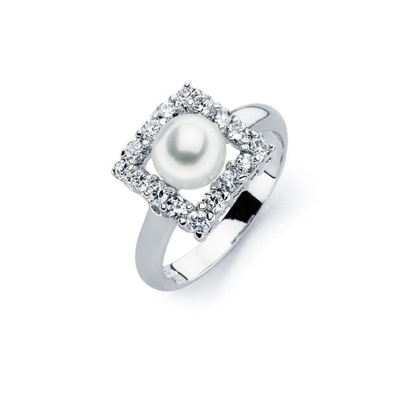 Rhodium Plated Sterling Silver 925 Simulated Pearl Clear CZ Ring Band White Female Size 8