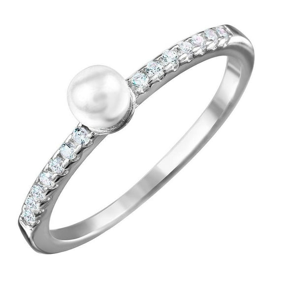 Rhodium Plated Sterling Silver 925 Simulated Pearl Ring Cubic Zirconia White Jewelry Female Size 6
