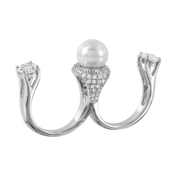 Rhodium Plated Sterling Silver 925 Simulated Pearl Two Finger Ring White CZ Female Size 6
