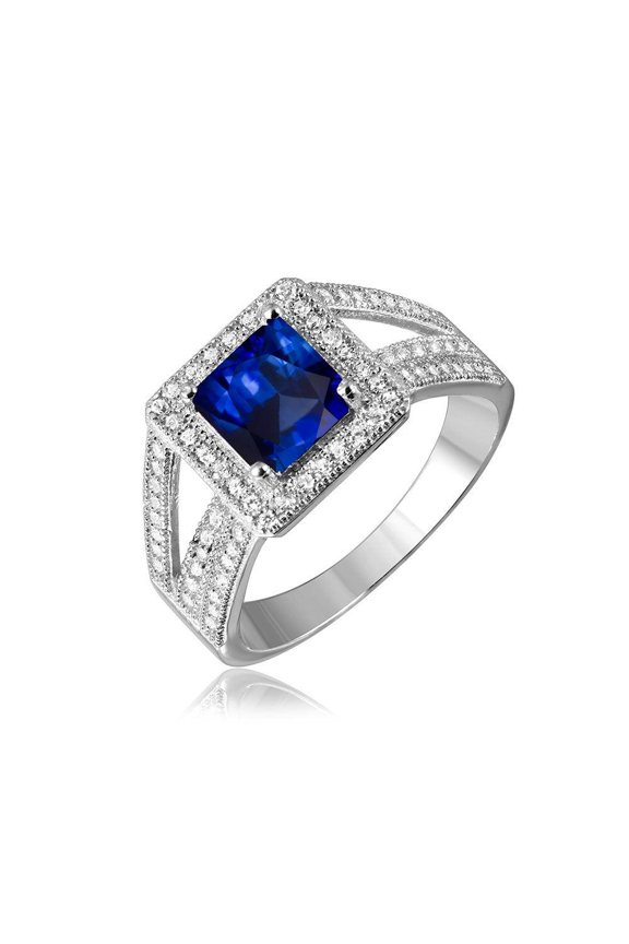 Rhodium Plated Sterling Silver 925 Simulated Sapphire Micro Pave Ring Band Blue CZ Female Size 5