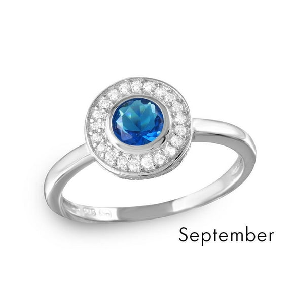 Rhodium Plated Sterling Silver 925 Simulated September Halo Ring Blue CZ Jewelry Female Size 5