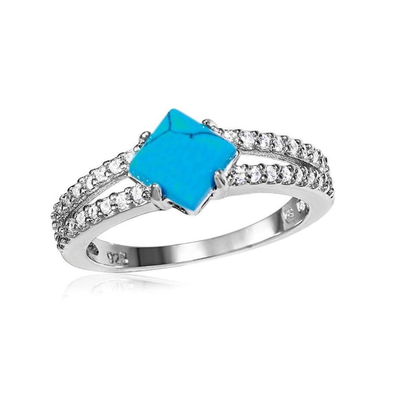 Rhodium Plated Sterling Silver 925 Simulated Turquoise Ring Shank Blue CZ Jewelry Female Size 7