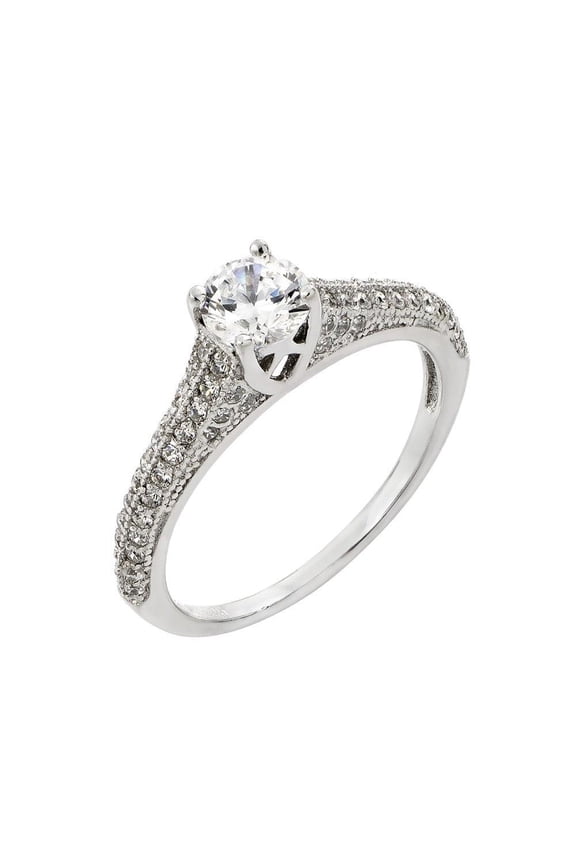 Rhodium Plated Sterling Silver 925 Solitaire Micro Pave Ring Band White Cubic Zirconia Female Size 5