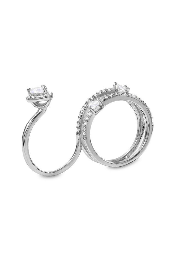 Rhodium Plated Sterling Silver 925 Two-Finger Teardrop Ring Band White CZ Jewelry Female Size 7