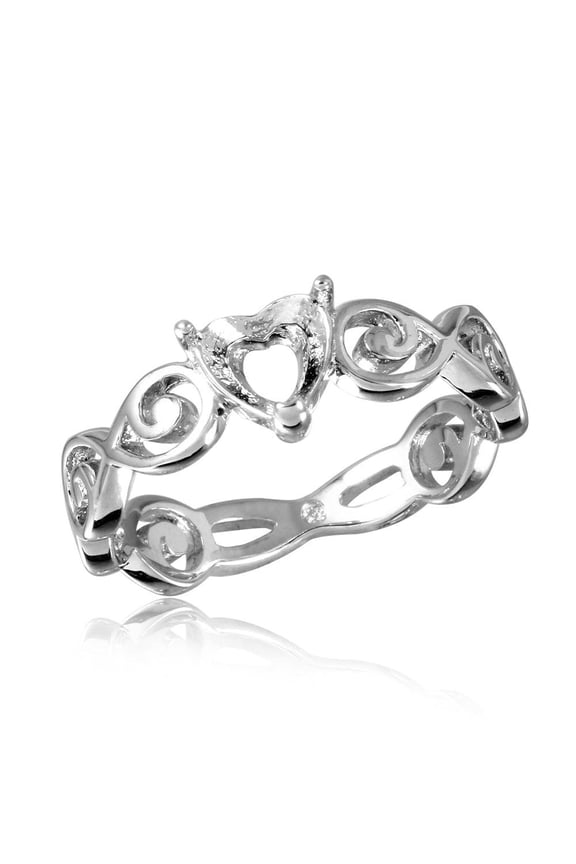 Rhodium Plated Sterling Silver 925 Wave Band Heart Mounting Ring Band Jewelry Female Male Size 6