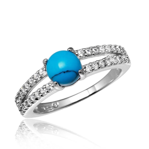 Rhodium Plated Sterling Silver 925 Wedding Band Simulated Turquoise White CZ Female Size 5